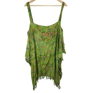 Makai Beach Womens Cold Shoulder Dress Coverup Tassel Mini One Size Green